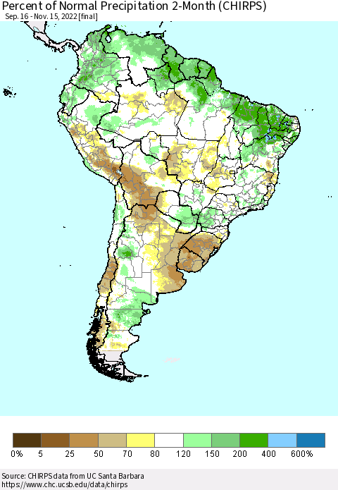 South America Percent of Normal Precipitation 2-Month (CHIRPS) Thematic Map For 9/16/2022 - 11/15/2022