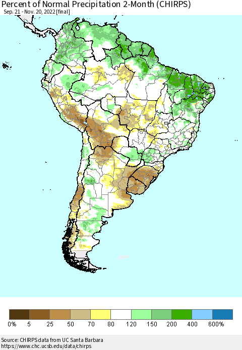 South America Percent of Normal Precipitation 2-Month (CHIRPS) Thematic Map For 9/21/2022 - 11/20/2022