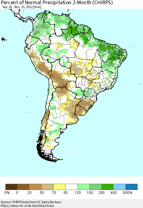 South America Percent of Normal Precipitation 2-Month (CHIRPS) Thematic Map For 9/26/2022 - 11/25/2022