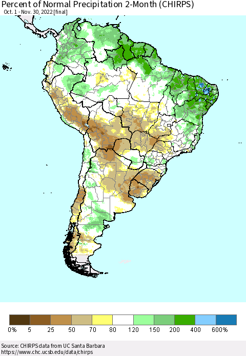 South America Percent of Normal Precipitation 2-Month (CHIRPS) Thematic Map For 10/1/2022 - 11/30/2022