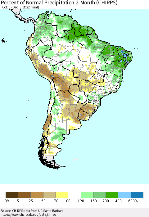 South America Percent of Normal Precipitation 2-Month (CHIRPS) Thematic Map For 10/6/2022 - 12/5/2022