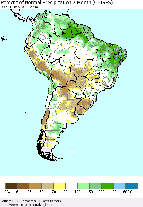 South America Percent of Normal Precipitation 2-Month (CHIRPS) Thematic Map For 10/11/2022 - 12/10/2022