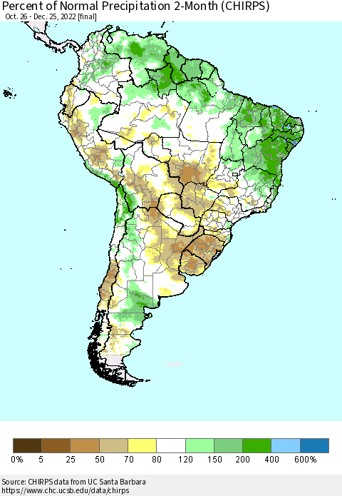 South America Percent of Normal Precipitation 2-Month (CHIRPS) Thematic Map For 10/26/2022 - 12/25/2022