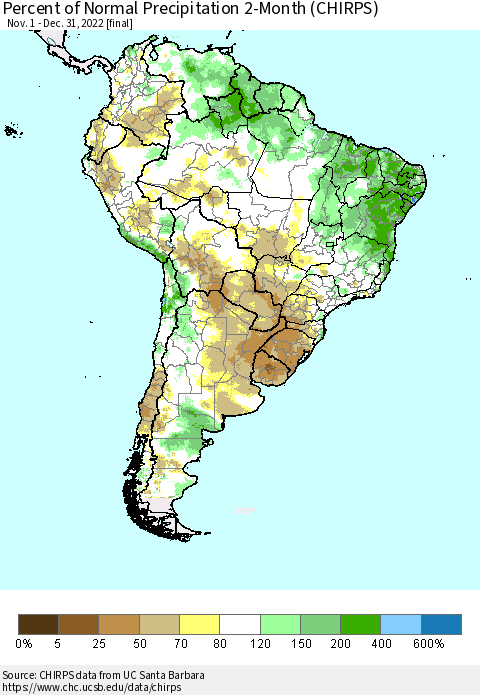 South America Percent of Normal Precipitation 2-Month (CHIRPS) Thematic Map For 11/1/2022 - 12/31/2022