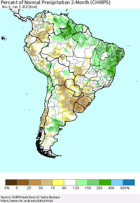 South America Percent of Normal Precipitation 2-Month (CHIRPS) Thematic Map For 11/6/2022 - 1/5/2023