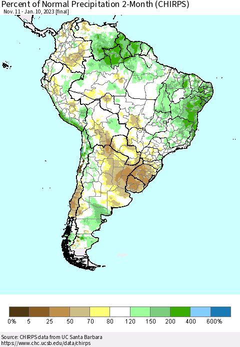 South America Percent of Normal Precipitation 2-Month (CHIRPS) Thematic Map For 11/11/2022 - 1/10/2023