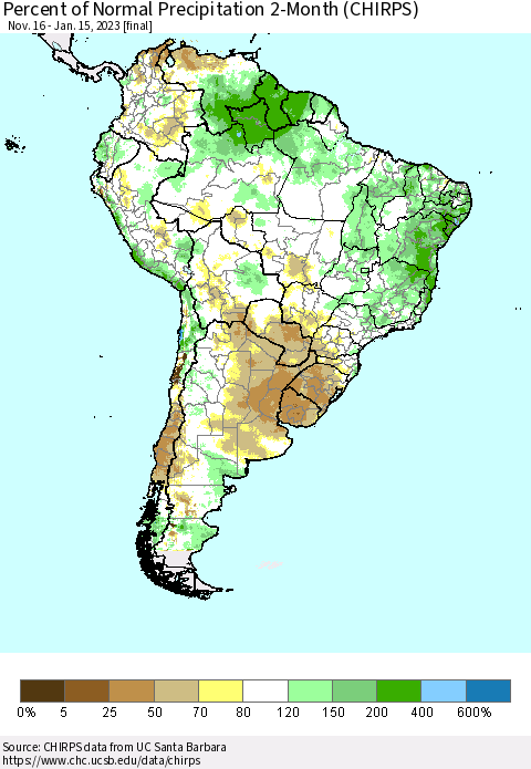South America Percent of Normal Precipitation 2-Month (CHIRPS) Thematic Map For 11/16/2022 - 1/15/2023