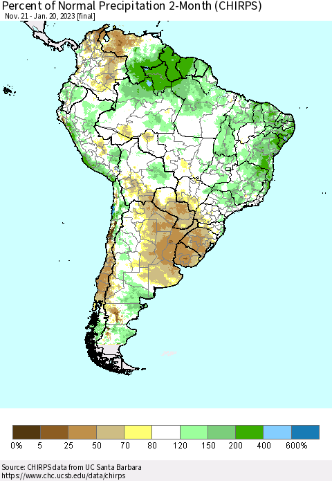South America Percent of Normal Precipitation 2-Month (CHIRPS) Thematic Map For 11/21/2022 - 1/20/2023