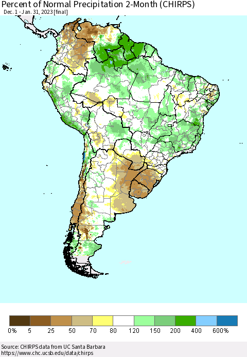 South America Percent of Normal Precipitation 2-Month (CHIRPS) Thematic Map For 12/1/2022 - 1/31/2023