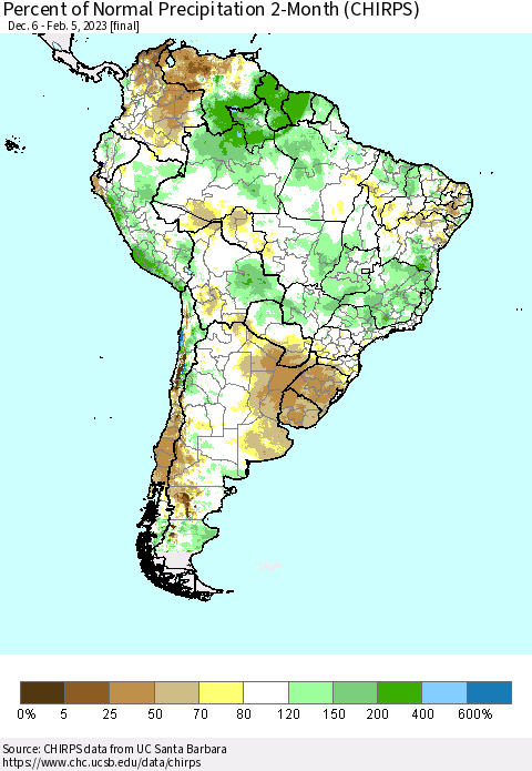 South America Percent of Normal Precipitation 2-Month (CHIRPS) Thematic Map For 12/6/2022 - 2/5/2023
