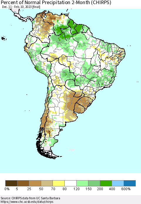 South America Percent of Normal Precipitation 2-Month (CHIRPS) Thematic Map For 12/11/2022 - 2/10/2023
