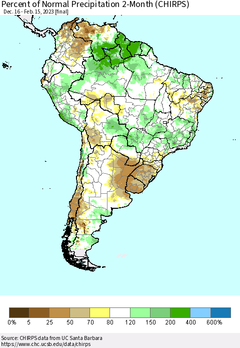 South America Percent of Normal Precipitation 2-Month (CHIRPS) Thematic Map For 12/16/2022 - 2/15/2023