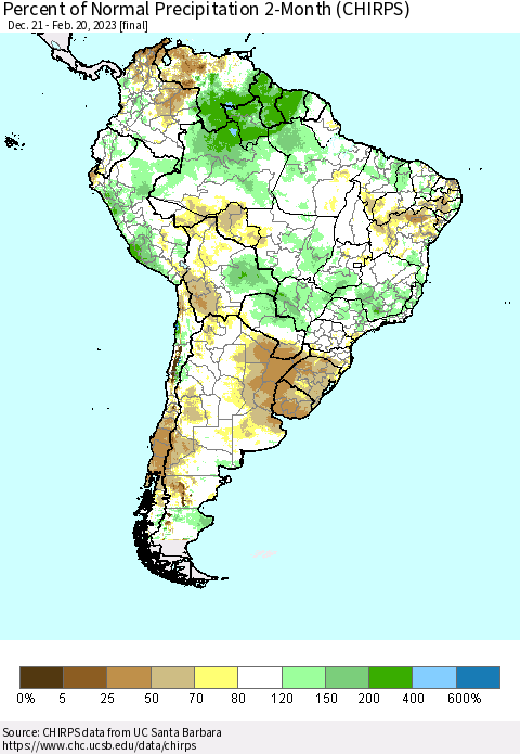 South America Percent of Normal Precipitation 2-Month (CHIRPS) Thematic Map For 12/21/2022 - 2/20/2023