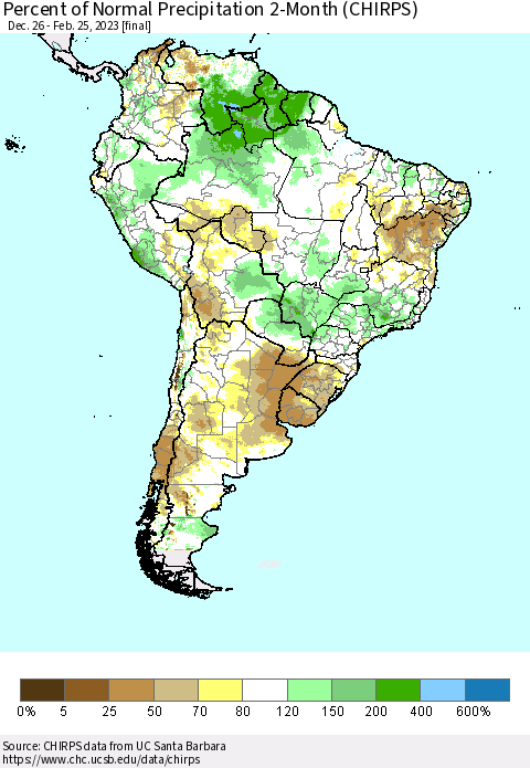 South America Percent of Normal Precipitation 2-Month (CHIRPS) Thematic Map For 12/26/2022 - 2/25/2023