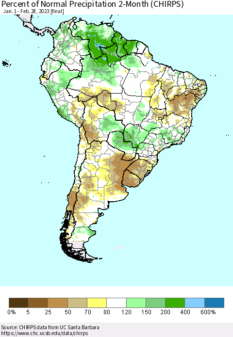 South America Percent of Normal Precipitation 2-Month (CHIRPS) Thematic Map For 1/1/2023 - 2/28/2023