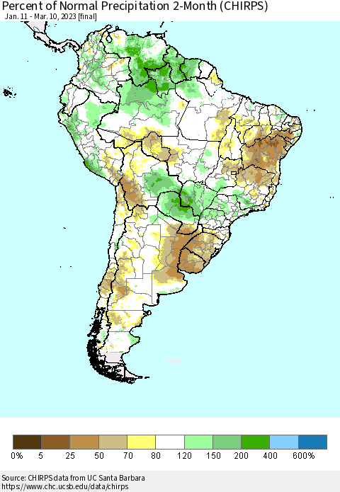 South America Percent of Normal Precipitation 2-Month (CHIRPS) Thematic Map For 1/11/2023 - 3/10/2023