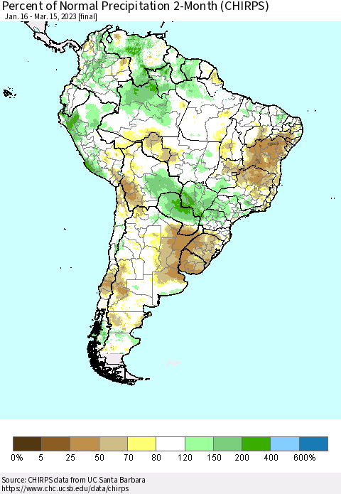 South America Percent of Normal Precipitation 2-Month (CHIRPS) Thematic Map For 1/16/2023 - 3/15/2023