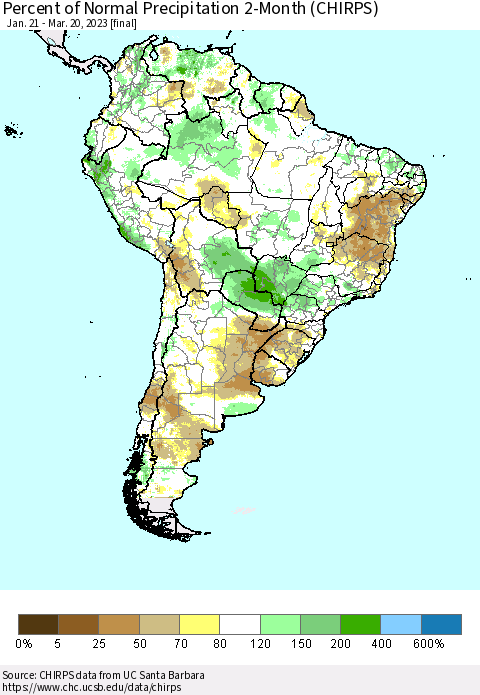 South America Percent of Normal Precipitation 2-Month (CHIRPS) Thematic Map For 1/21/2023 - 3/20/2023