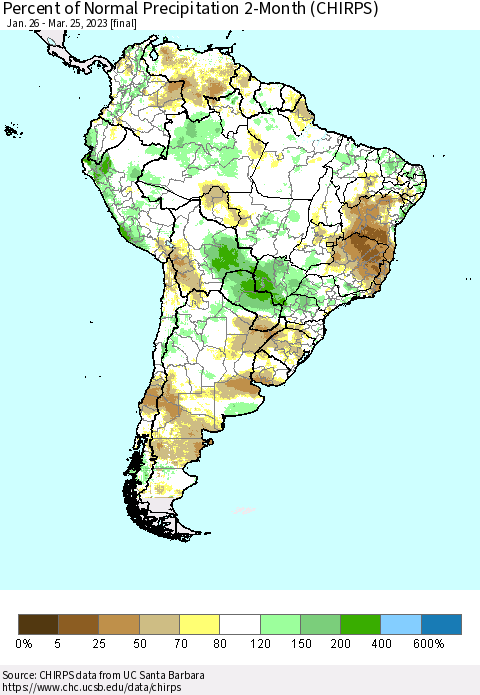 South America Percent of Normal Precipitation 2-Month (CHIRPS) Thematic Map For 1/26/2023 - 3/25/2023
