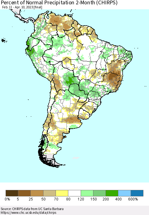South America Percent of Normal Precipitation 2-Month (CHIRPS) Thematic Map For 2/11/2023 - 4/10/2023