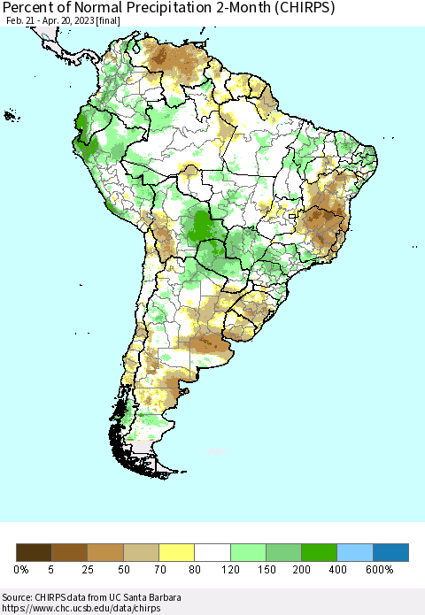 South America Percent of Normal Precipitation 2-Month (CHIRPS) Thematic Map For 2/21/2023 - 4/20/2023