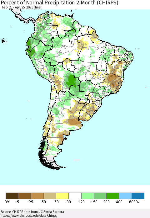 South America Percent of Normal Precipitation 2-Month (CHIRPS) Thematic Map For 2/26/2023 - 4/25/2023