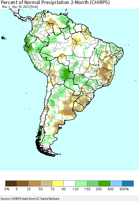 South America Percent of Normal Precipitation 2-Month (CHIRPS) Thematic Map For 3/1/2023 - 4/30/2023