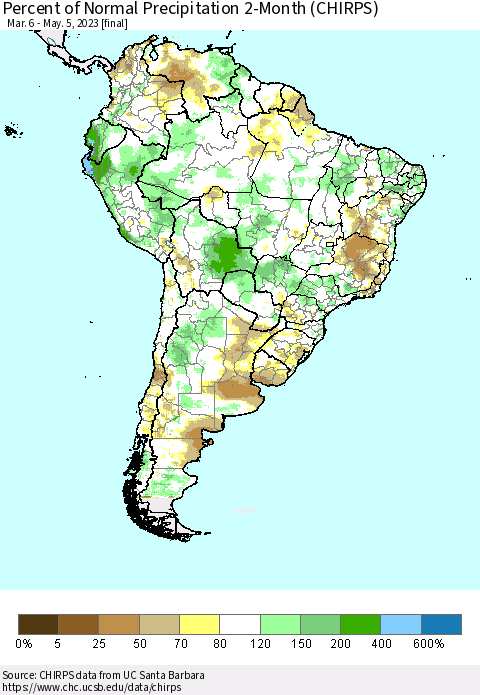 South America Percent of Normal Precipitation 2-Month (CHIRPS) Thematic Map For 3/6/2023 - 5/5/2023
