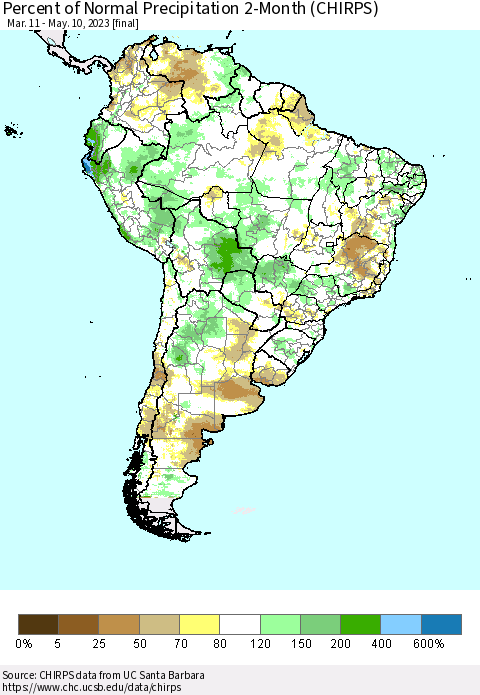 South America Percent of Normal Precipitation 2-Month (CHIRPS) Thematic Map For 3/11/2023 - 5/10/2023