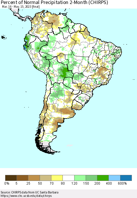 South America Percent of Normal Precipitation 2-Month (CHIRPS) Thematic Map For 3/16/2023 - 5/15/2023
