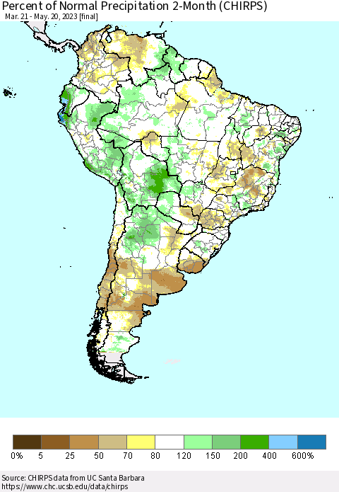 South America Percent of Normal Precipitation 2-Month (CHIRPS) Thematic Map For 3/21/2023 - 5/20/2023