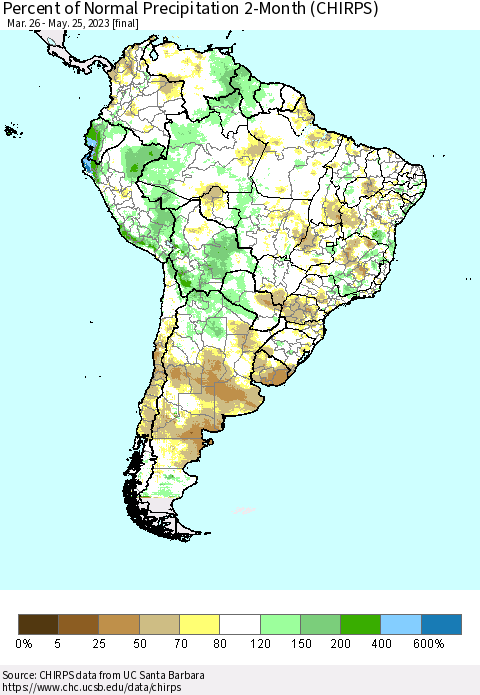 South America Percent of Normal Precipitation 2-Month (CHIRPS) Thematic Map For 3/26/2023 - 5/25/2023