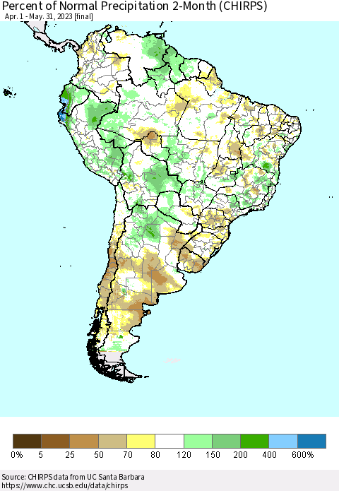 South America Percent of Normal Precipitation 2-Month (CHIRPS) Thematic Map For 4/1/2023 - 5/31/2023