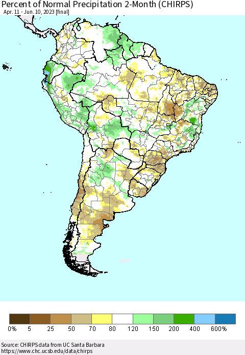 South America Percent of Normal Precipitation 2-Month (CHIRPS) Thematic Map For 4/11/2023 - 6/10/2023