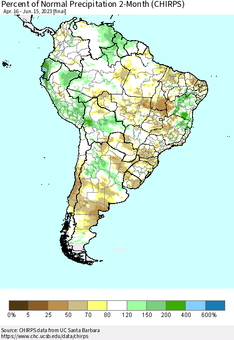South America Percent of Normal Precipitation 2-Month (CHIRPS) Thematic Map For 4/16/2023 - 6/15/2023
