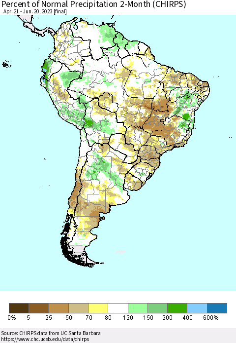 South America Percent of Normal Precipitation 2-Month (CHIRPS) Thematic Map For 4/21/2023 - 6/20/2023