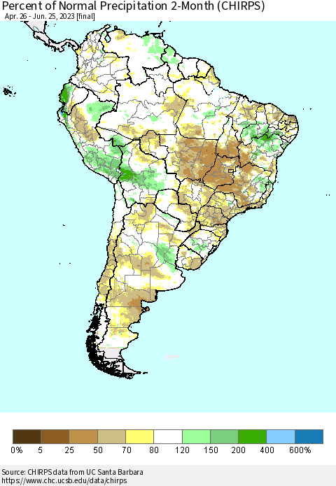 South America Percent of Normal Precipitation 2-Month (CHIRPS) Thematic Map For 4/26/2023 - 6/25/2023