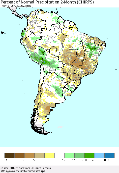 South America Percent of Normal Precipitation 2-Month (CHIRPS) Thematic Map For 5/1/2023 - 6/30/2023