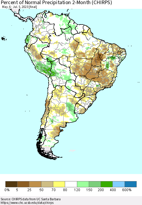 South America Percent of Normal Precipitation 2-Month (CHIRPS) Thematic Map For 5/6/2023 - 7/5/2023