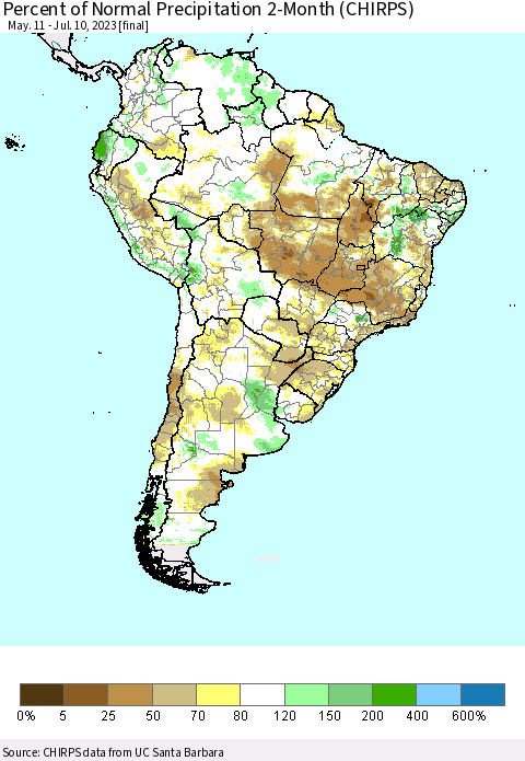 South America Percent of Normal Precipitation 2-Month (CHIRPS) Thematic Map For 5/11/2023 - 7/10/2023