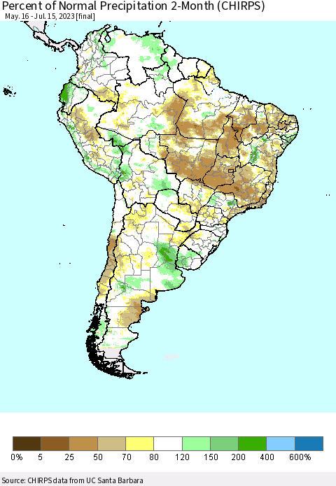 South America Percent of Normal Precipitation 2-Month (CHIRPS) Thematic Map For 5/16/2023 - 7/15/2023