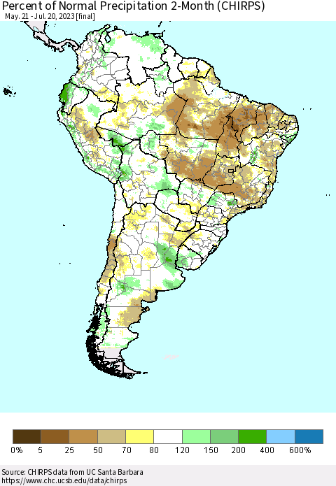 South America Percent of Normal Precipitation 2-Month (CHIRPS) Thematic Map For 5/21/2023 - 7/20/2023