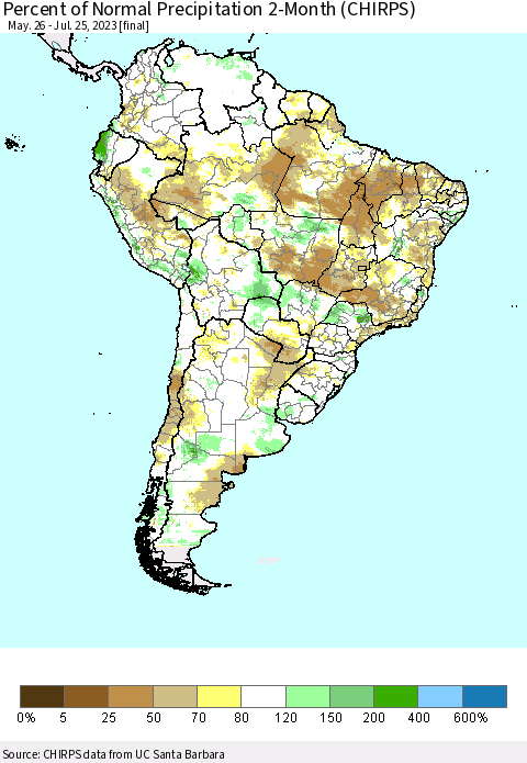 South America Percent of Normal Precipitation 2-Month (CHIRPS) Thematic Map For 5/26/2023 - 7/25/2023