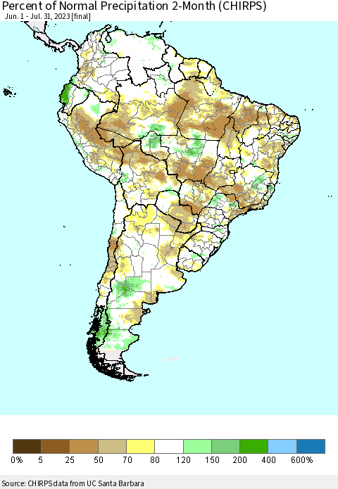 South America Percent of Normal Precipitation 2-Month (CHIRPS) Thematic Map For 6/1/2023 - 7/31/2023