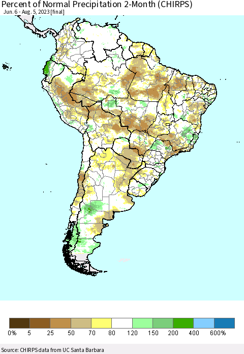 South America Percent of Normal Precipitation 2-Month (CHIRPS) Thematic Map For 6/6/2023 - 8/5/2023