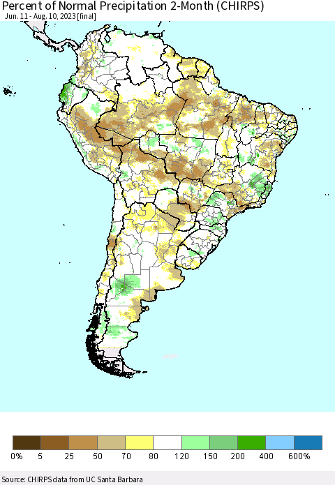 South America Percent of Normal Precipitation 2-Month (CHIRPS) Thematic Map For 6/11/2023 - 8/10/2023