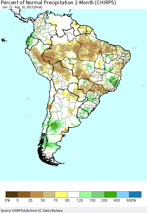 South America Percent of Normal Precipitation 2-Month (CHIRPS) Thematic Map For 6/21/2023 - 8/20/2023