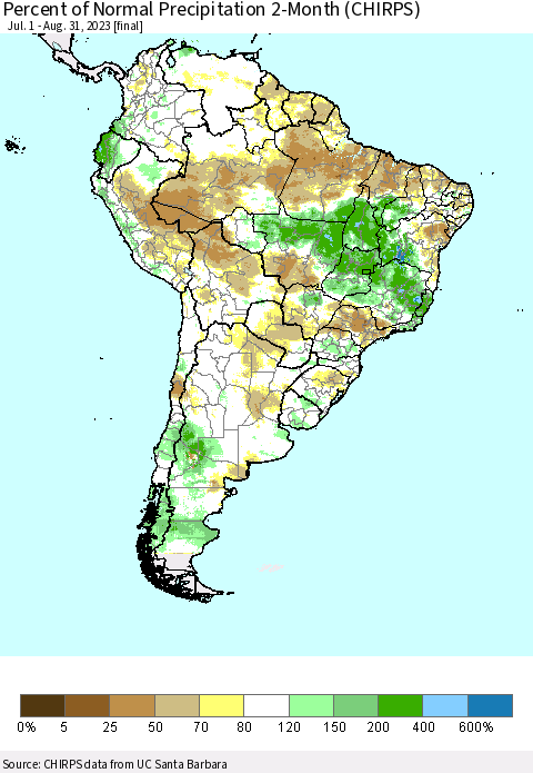 South America Percent of Normal Precipitation 2-Month (CHIRPS) Thematic Map For 7/1/2023 - 8/31/2023