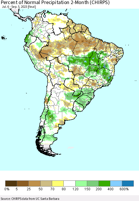South America Percent of Normal Precipitation 2-Month (CHIRPS) Thematic Map For 7/6/2023 - 9/5/2023
