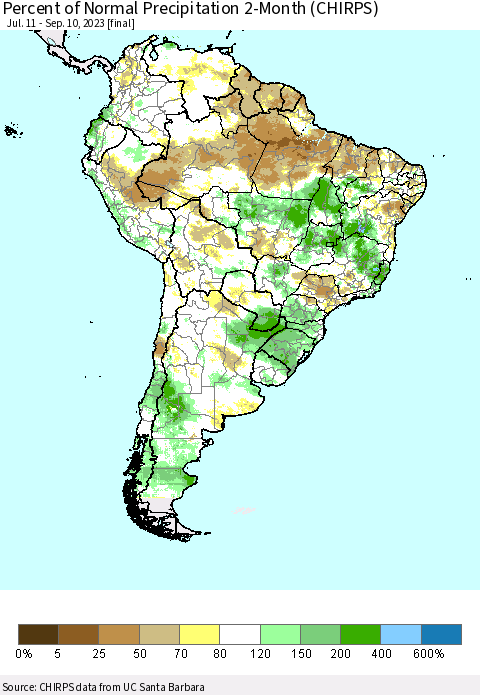 South America Percent of Normal Precipitation 2-Month (CHIRPS) Thematic Map For 7/11/2023 - 9/10/2023